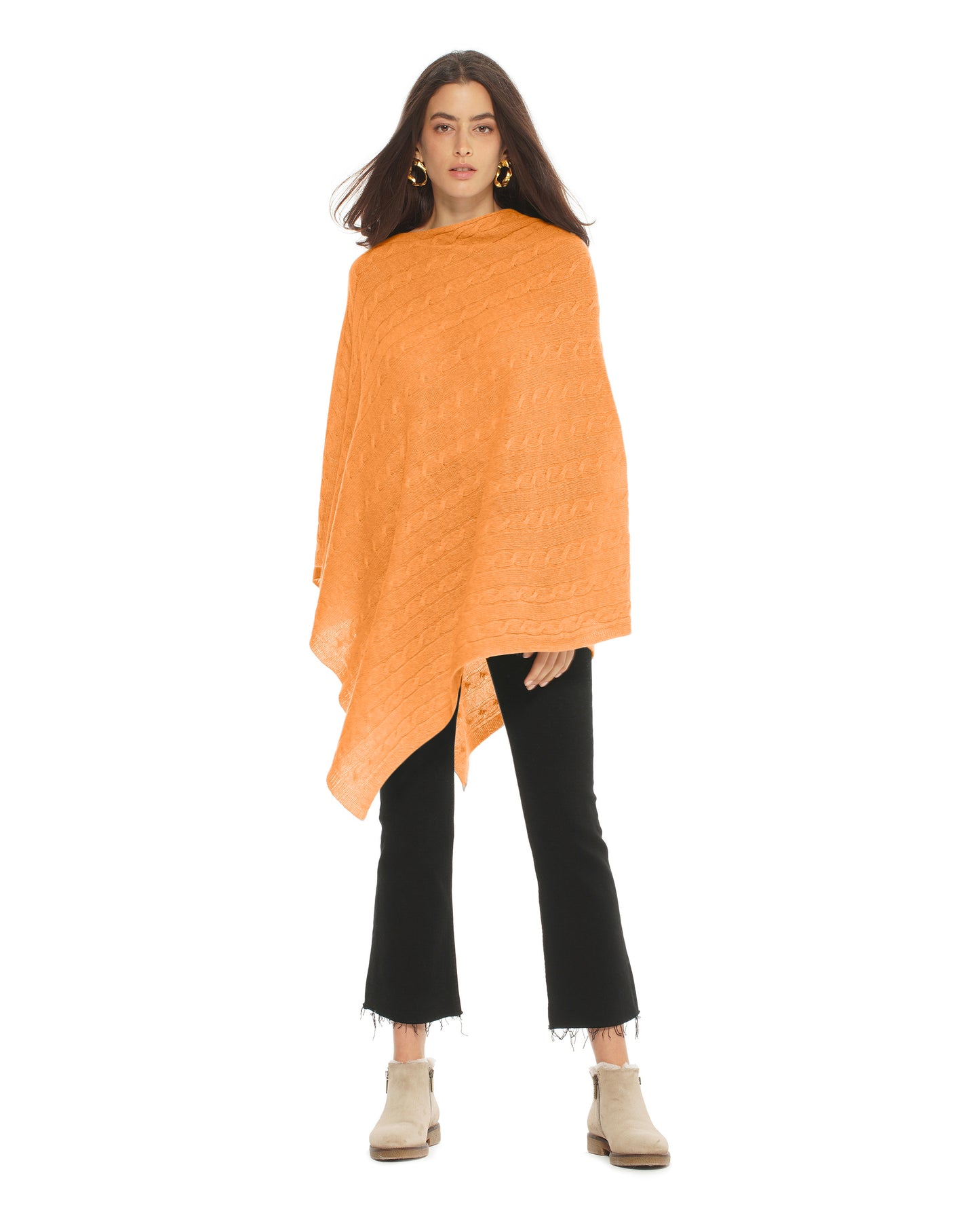 Women's Pure Cashmere Cable Knit Poncho Orange