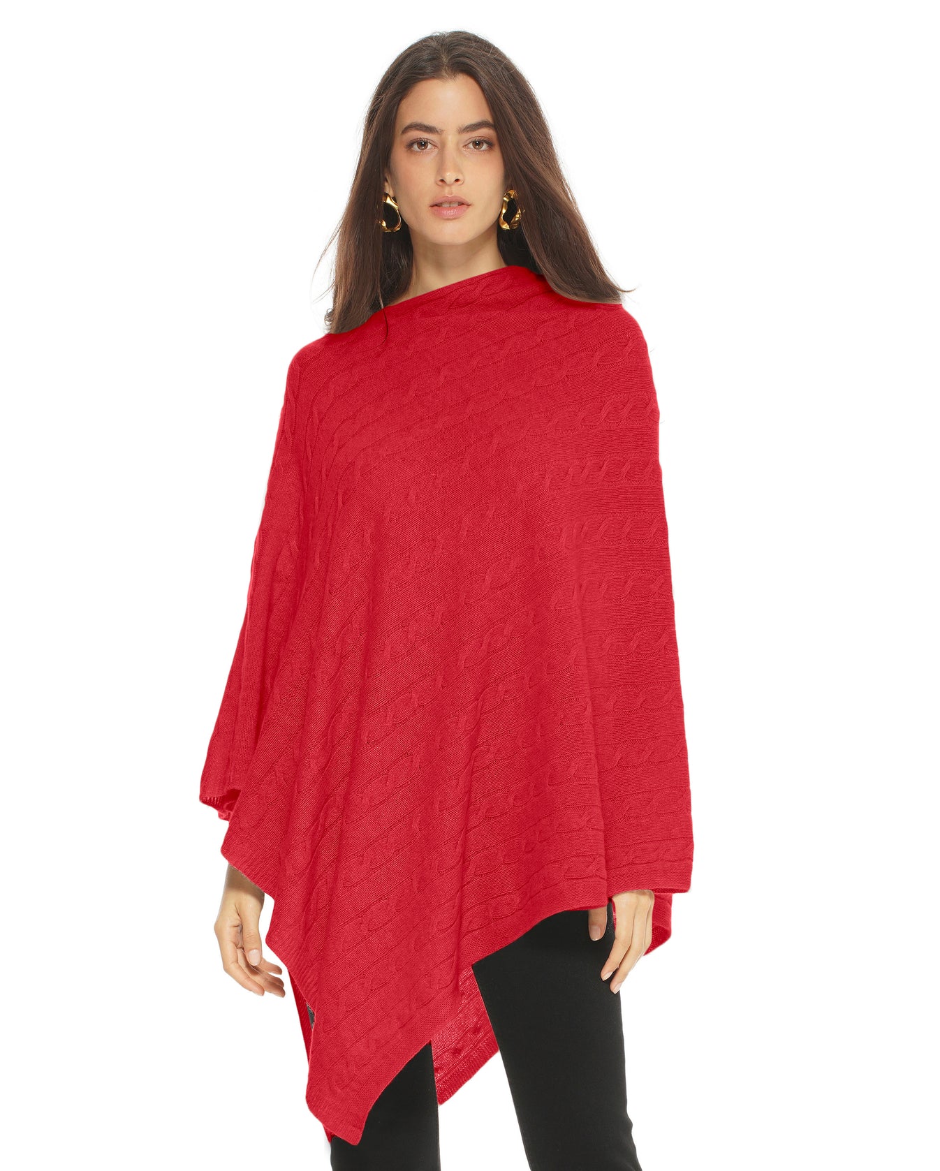 Detail of Monticelli’s cable knit pure cashmere poncho in red with classic textured stitches