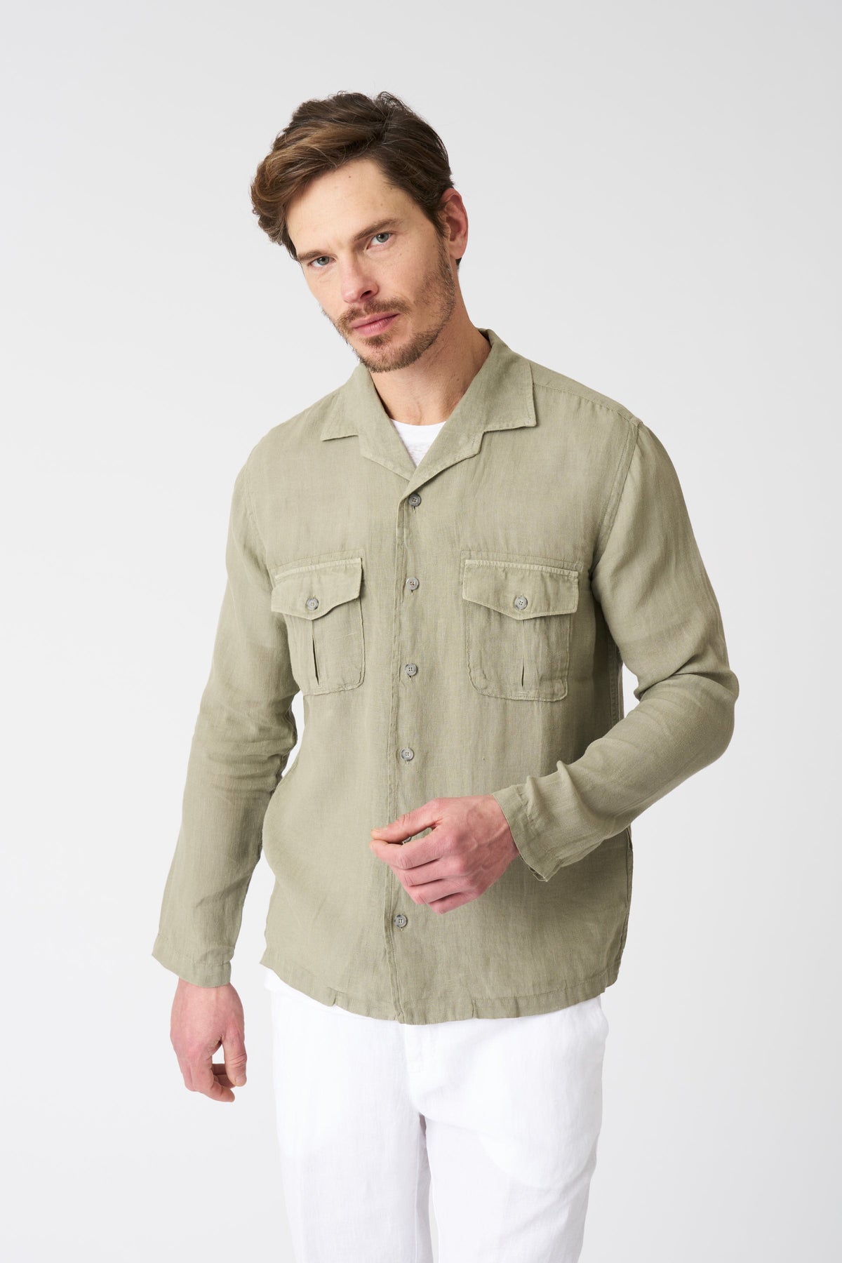 Men's Notched Collar Regular Fit Linen Shirt – Cactus, view 1