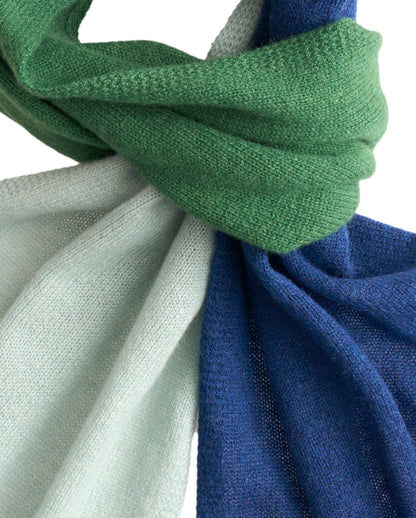 Pure Cashmere Butter-Soft Wide Scarf Tricolor in Mint, Forest Green and Royal Blue