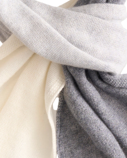 Pure Cashmere Butter-Soft Wide Scarf Tricolor in Ivory, Light Gray and Charcoal