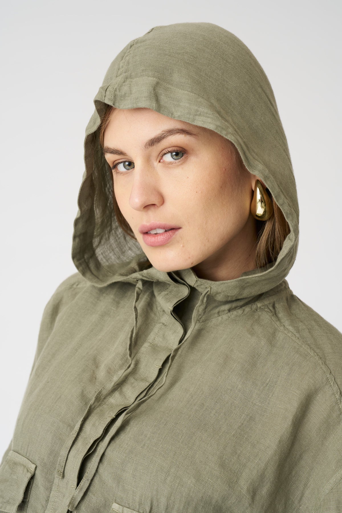 Women's Linen Jacket with Hood and Drawstring Waist – Cactus, view 2