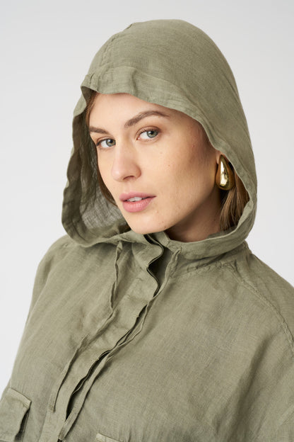Women's Linen Jacket with Hood and Drawstring Waist – Cactus, view 2