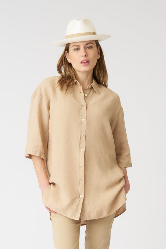 Women's Boyfriend Linen Shirt – Almond, view 1