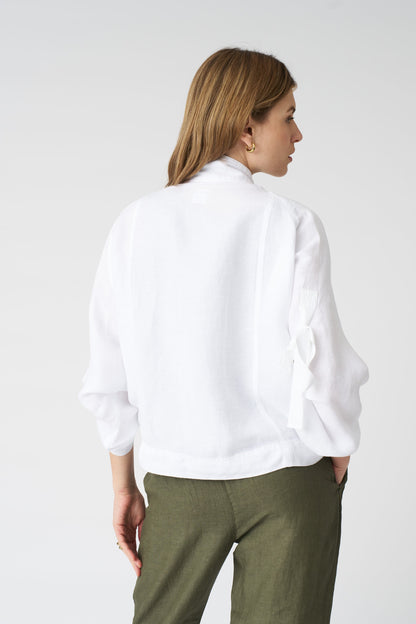 Women's Linen Jacket with Tie-Front Sleeves – White, view 4