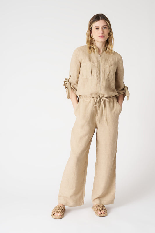 Women's Linen Jumpsuit with Tied Sleeves – Almond, view 1