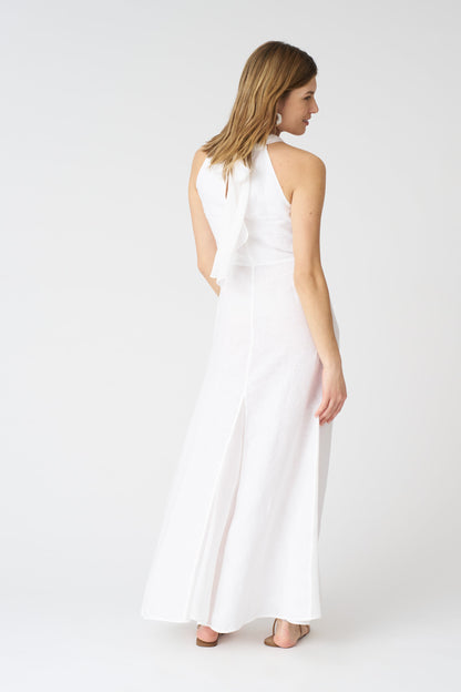 Women's Linen Maxi Tie Neck Dress – White, view 3