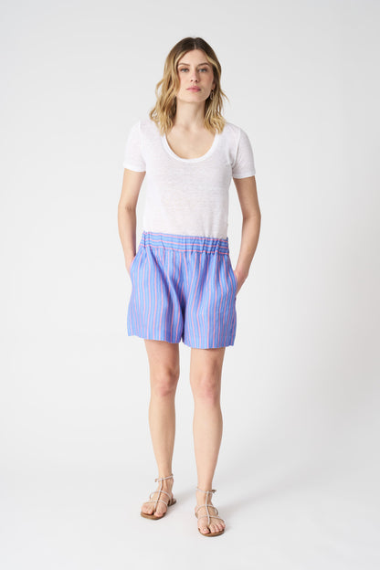 Women's Linen Striped Shorts – Washed Sky, view 1