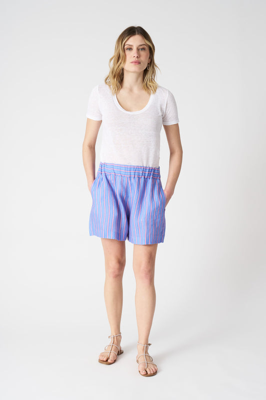 Women's Linen Striped Shorts – Washed Sky, view 1