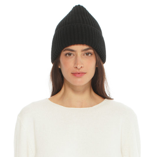 Women's Pure Cashmere Ribbed Hat Black