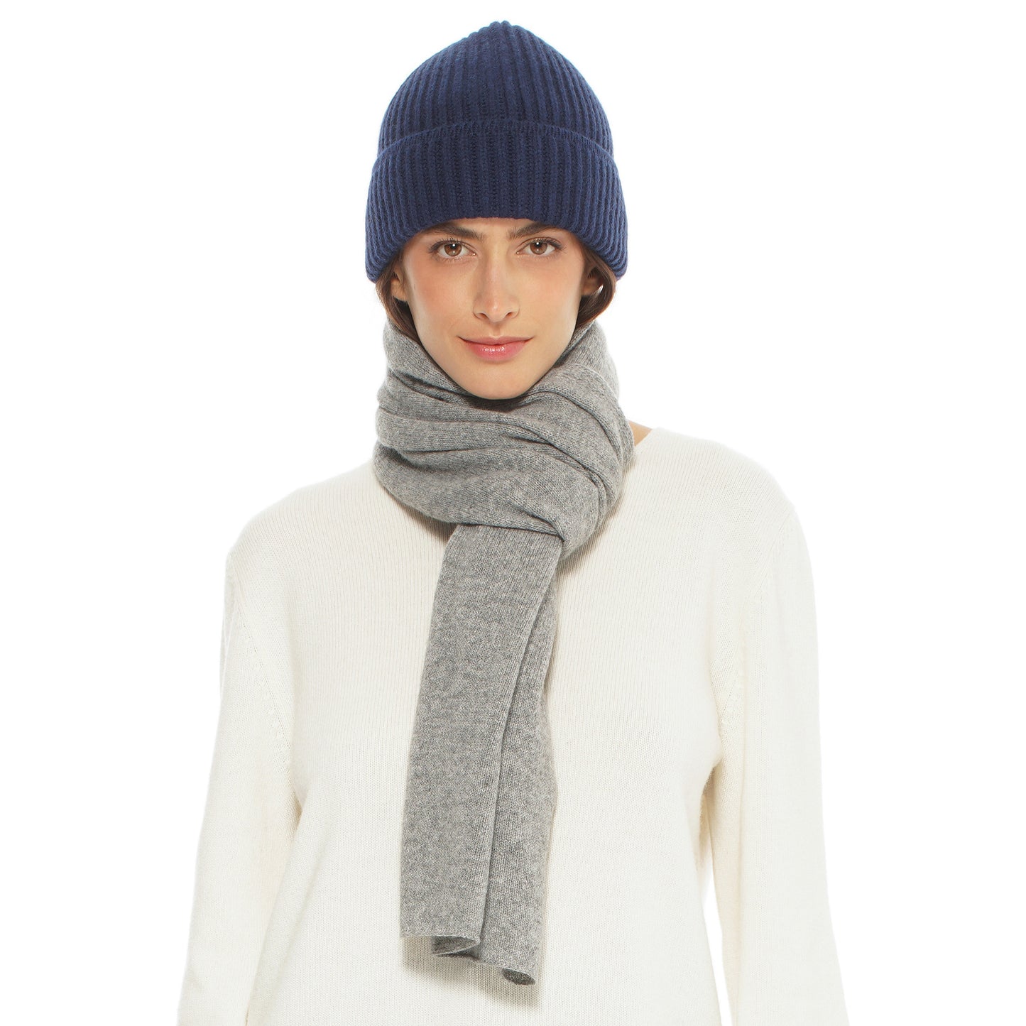 Women's Pure Cashmere Ribbed Hat Melange Blue