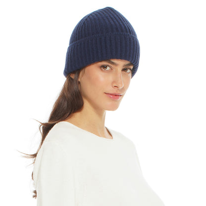 Women's Pure Cashmere Ribbed Hat Melange Blue