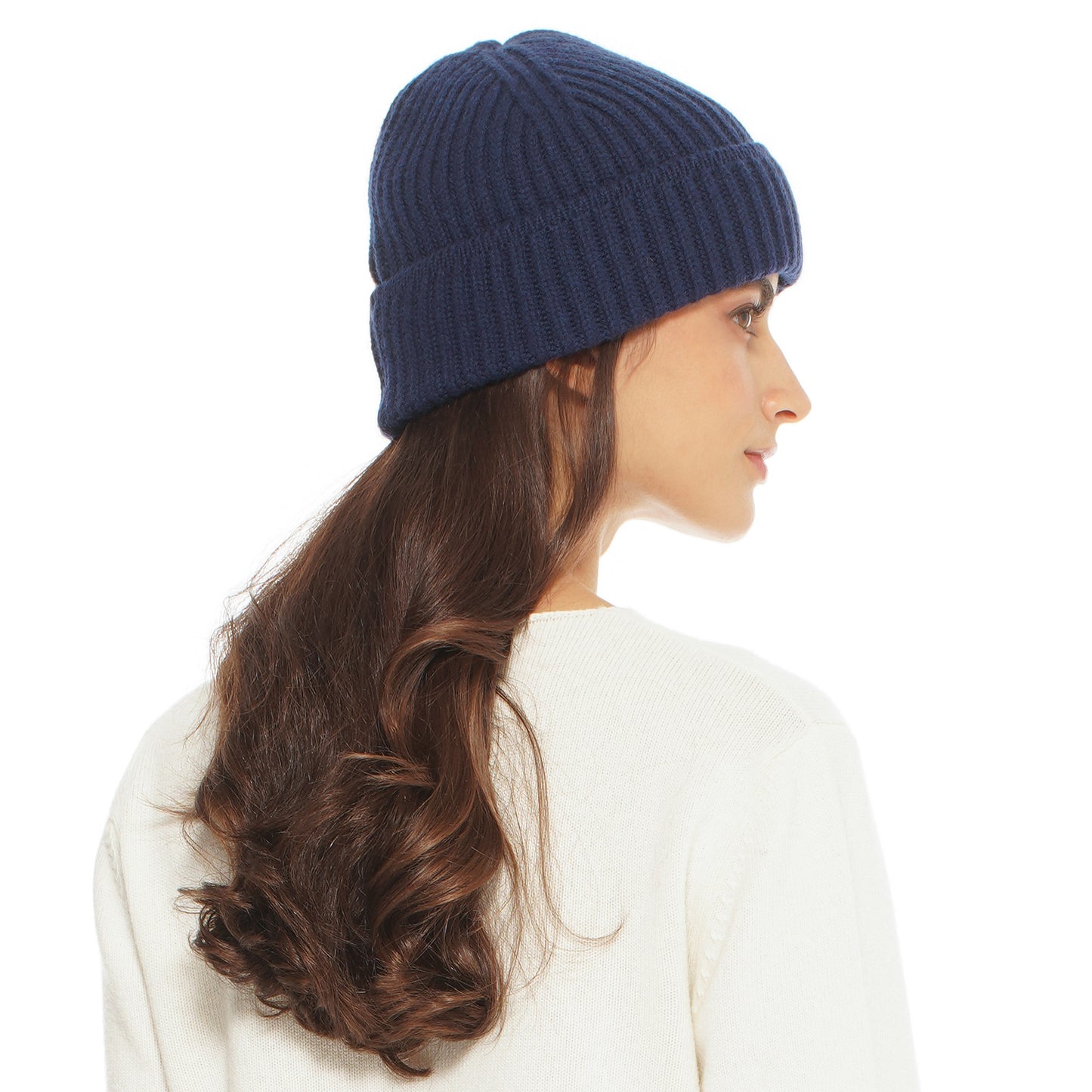 Women's Pure Cashmere Ribbed Hat Melange Blue