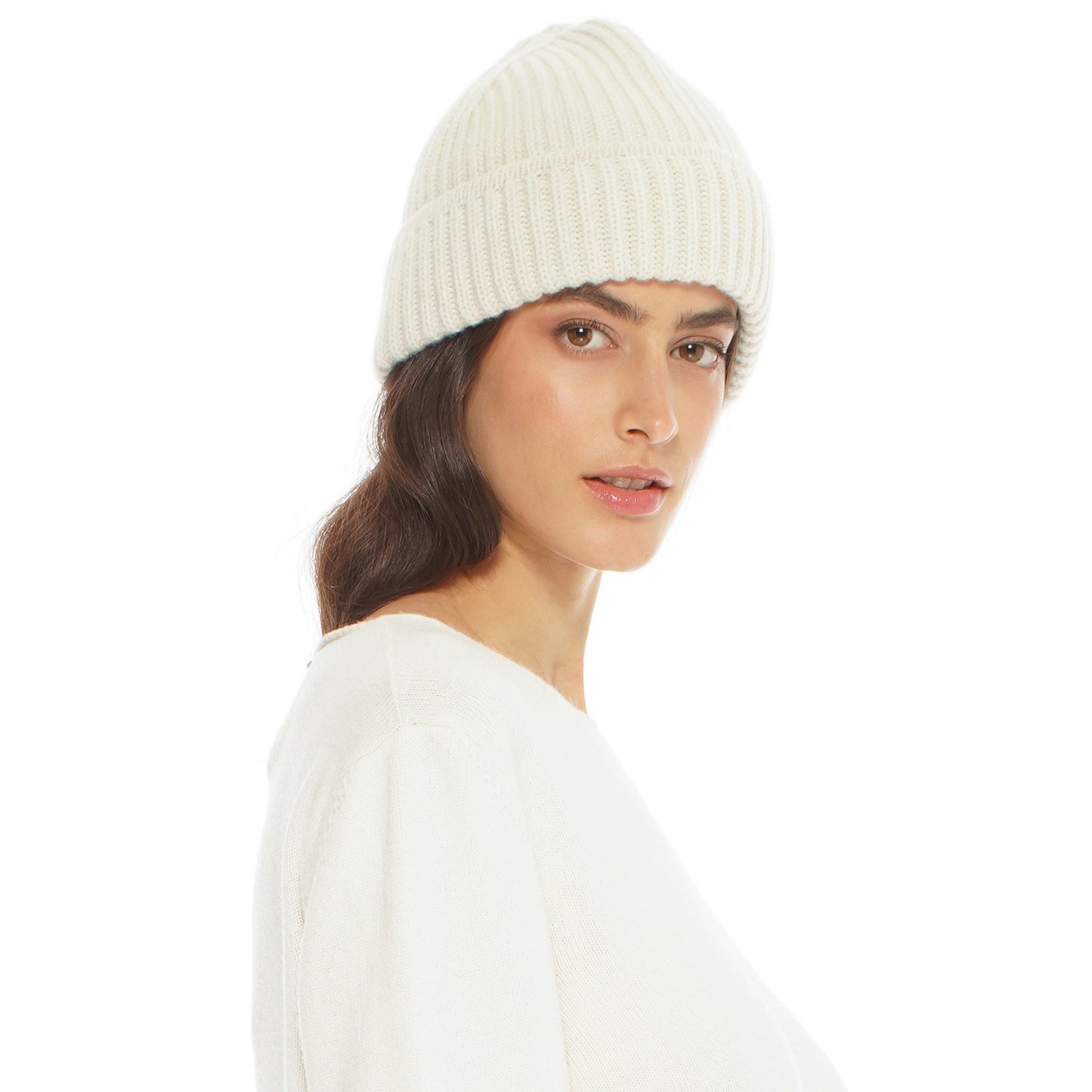 Women's Pure Cashmere Ribbed Hat Milk White