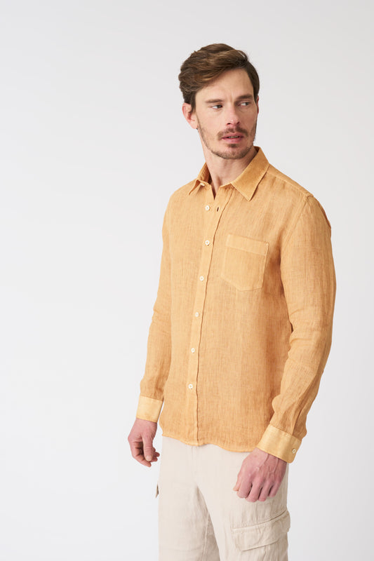 Men's Italian Collar Regular Fit Linen Shirt with Pocket – Apricot Soft Fade, view 1