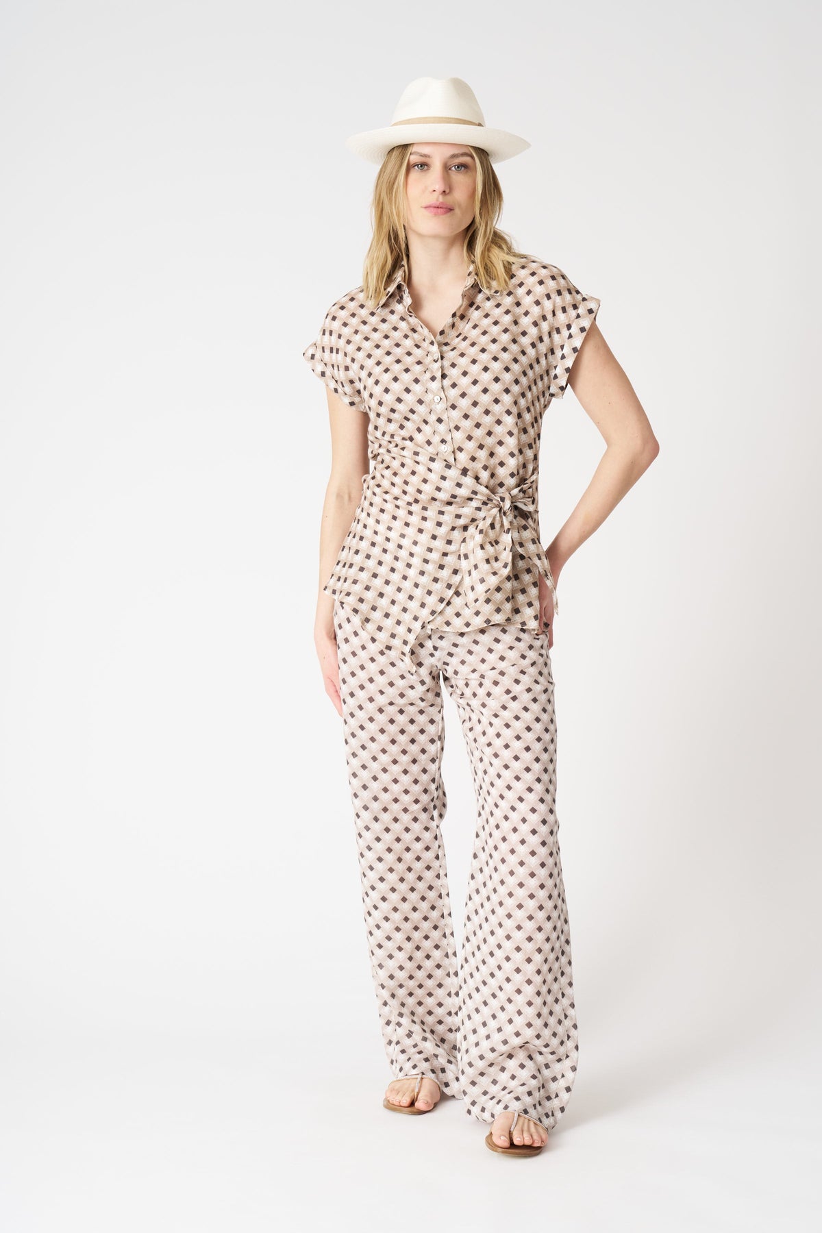 Women's Geometric Brown Shirt with Draped Knot – Washed Cioccolato, view 3