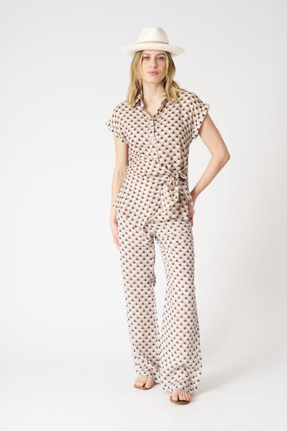 Women's Geometric Brown Shirt with Draped Knot – Washed Cioccolato, view 3