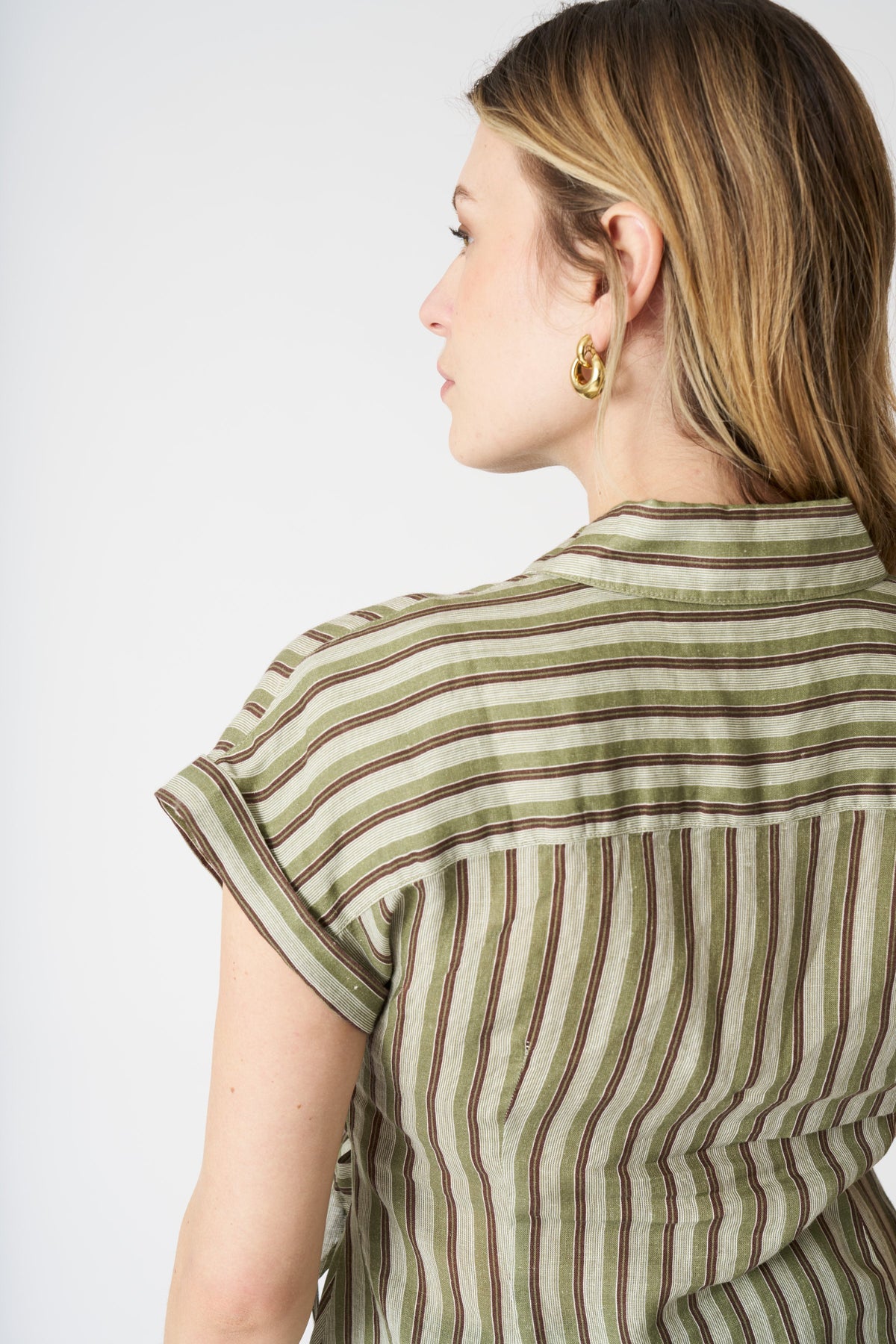 Women's Linen Striped Shirt with Draped Knot – Washed, view 2