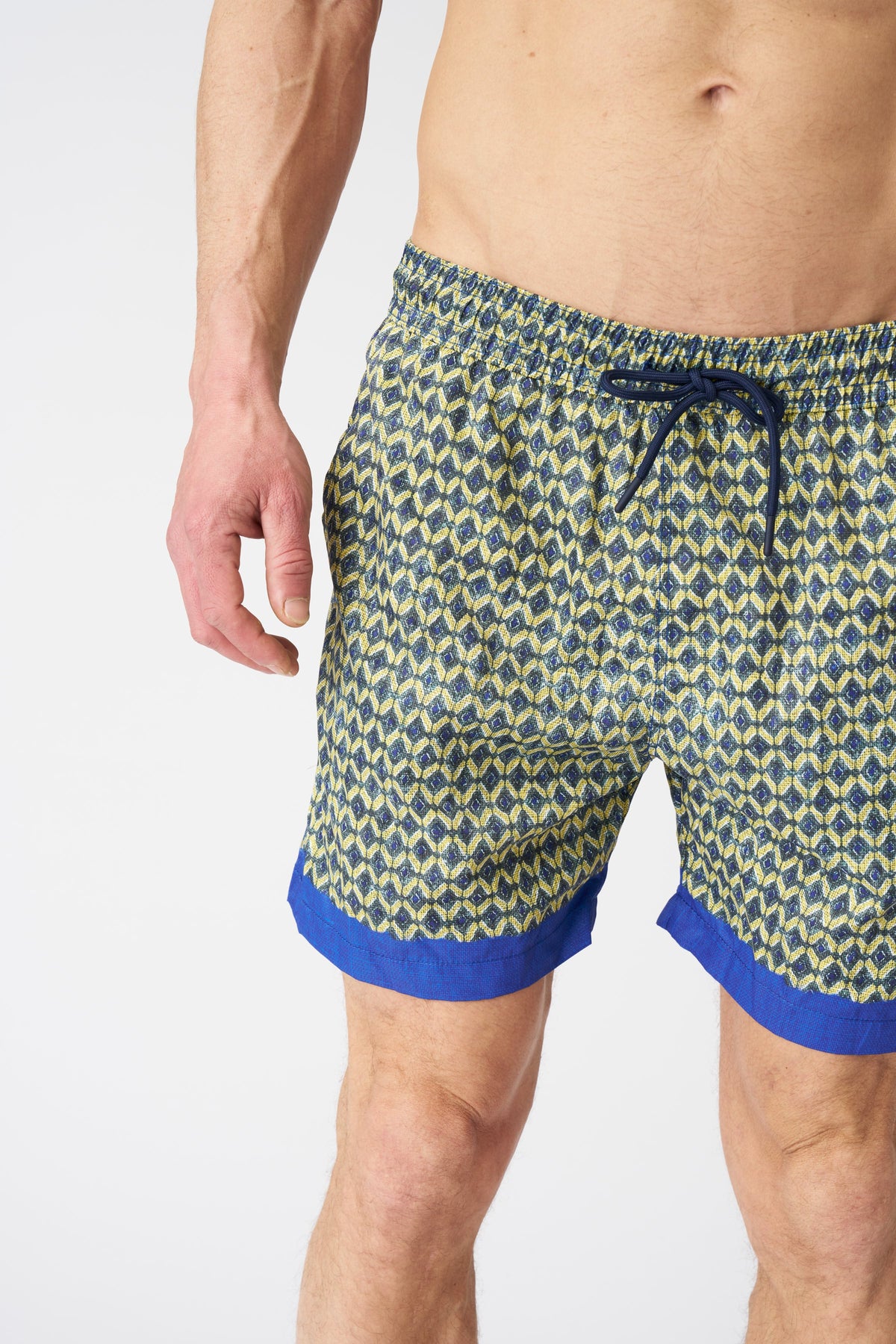 Men's Linen Geometric Green with Contrast Stripe Swim Trunks – Print + Midnight, view 2