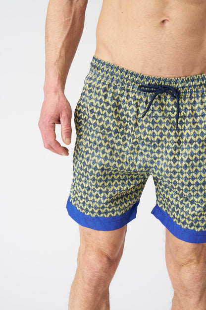 Men's Linen Geometric Green with Contrast Stripe Swim Trunks – Print + Midnight, view 2