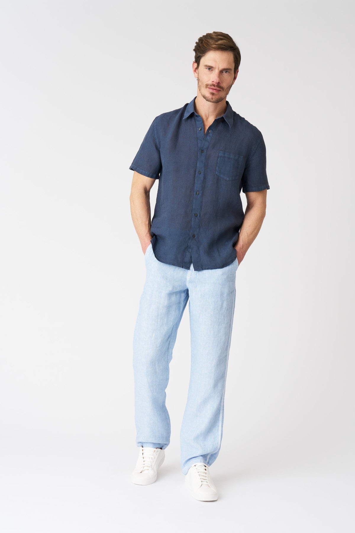 Men's Regular Fit Linen Shirt with Pocket – Navy Fade, view 3
