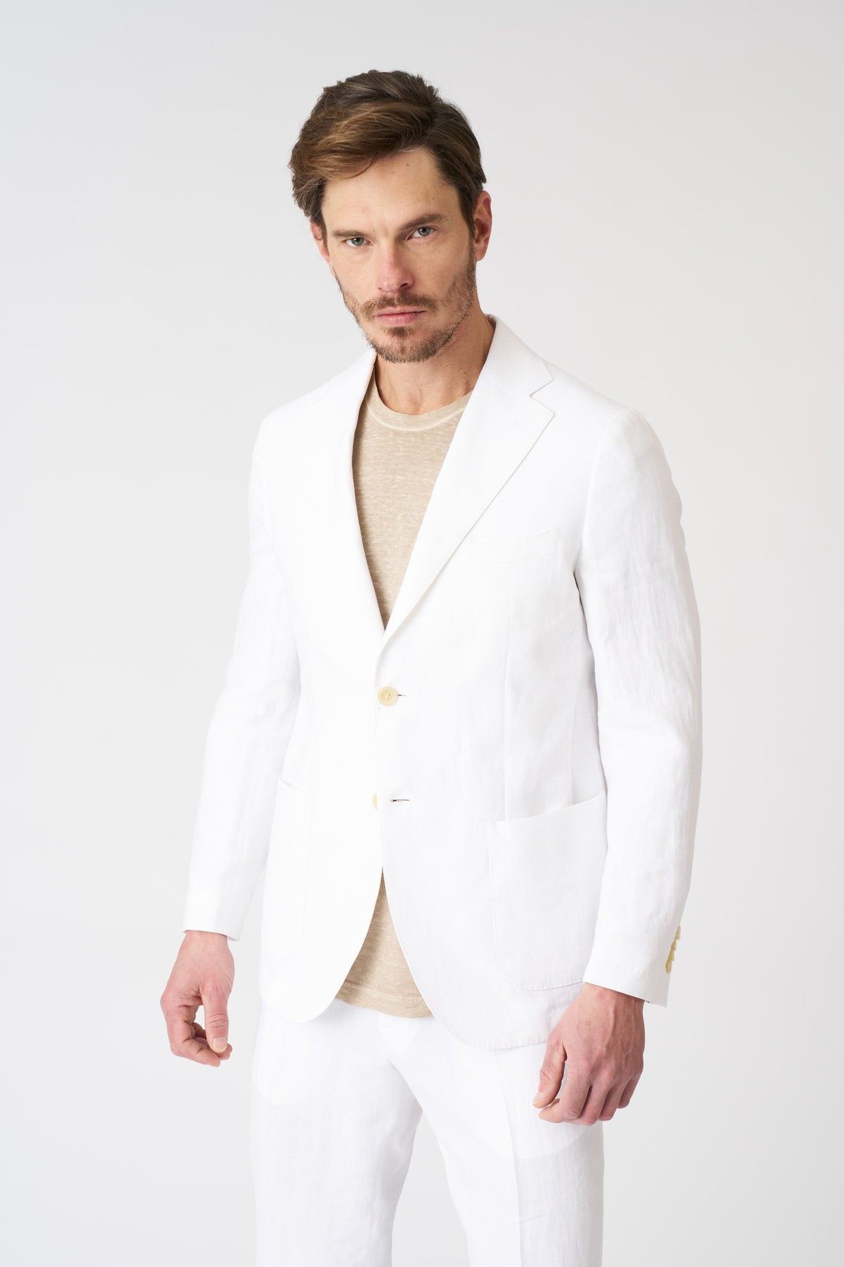 Men's Linen Slim Fit Single-Breasted Blazer with Patch Pockets – White, view 3