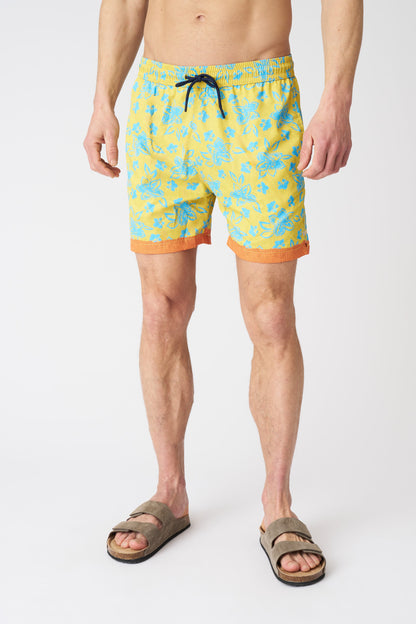 Men's Linen Painted Flower with Contrast Stripe Swim Trunks – Print + Ocra, view 3