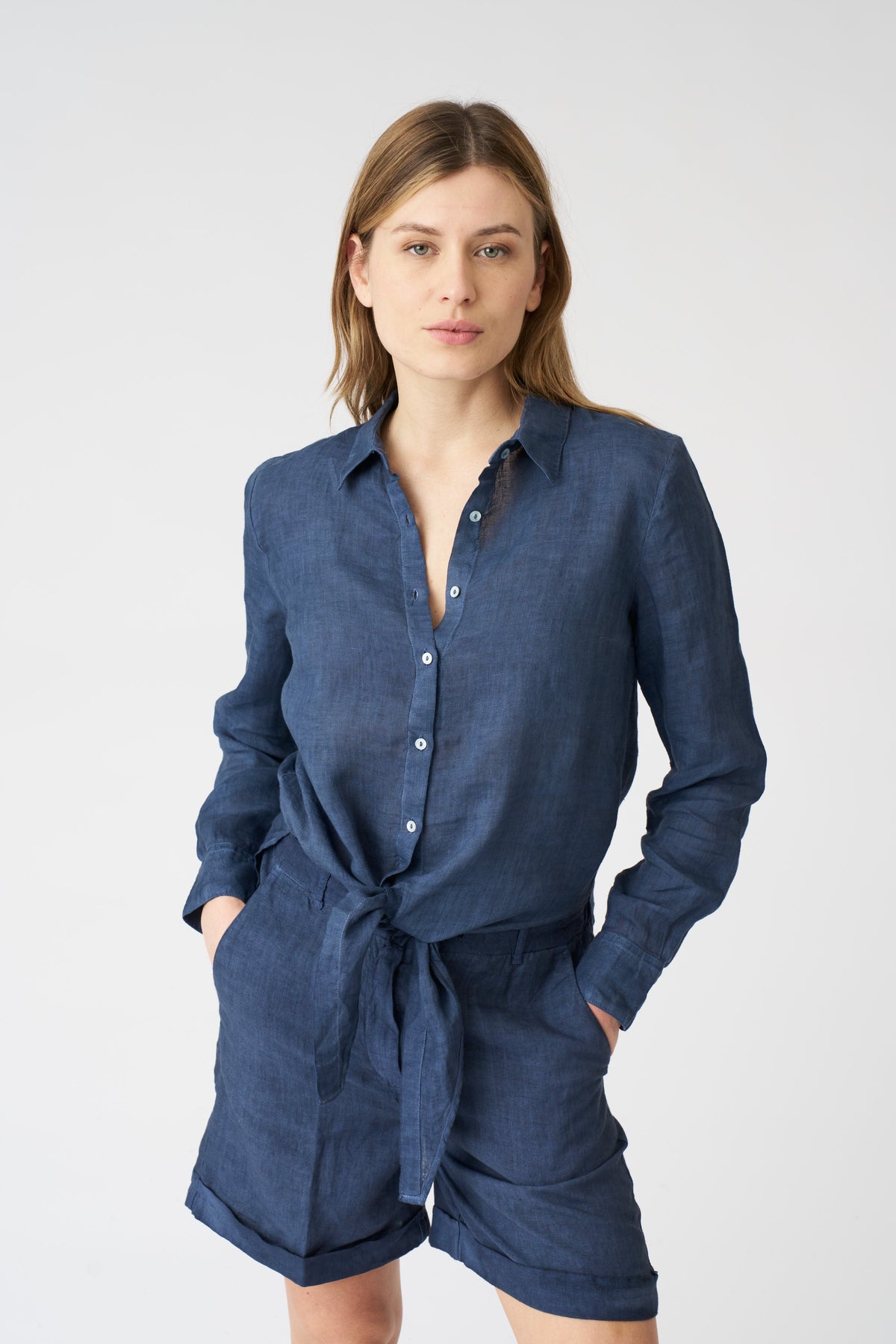 Women's Linen Tie-Front Shirt – Navy Fade, view 1