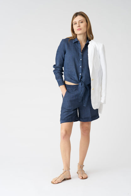 Women's Linen Tie-Front Shirt – Navy Fade, view 3
