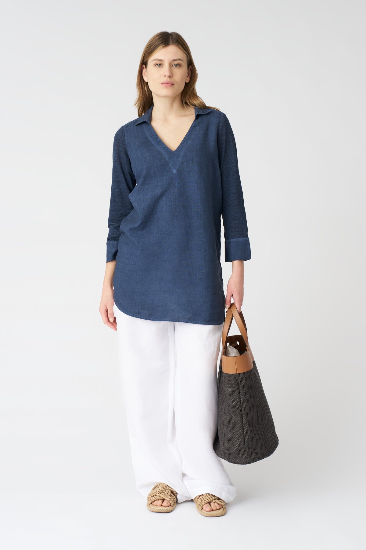 Women's Long Linen V-Neck Blouse – Navy Fade, view 3