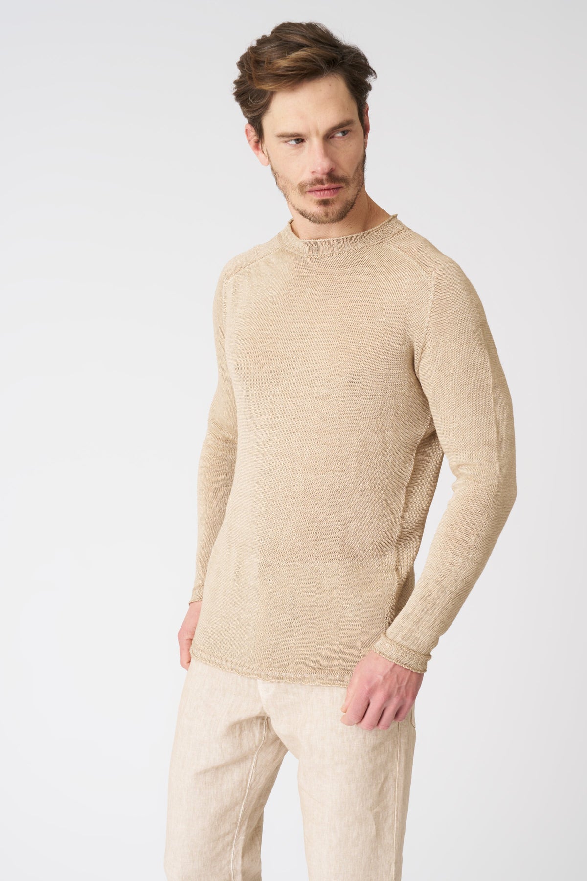 Men's Linen Crewneck Sweater – Beige Soft Fade, view 1