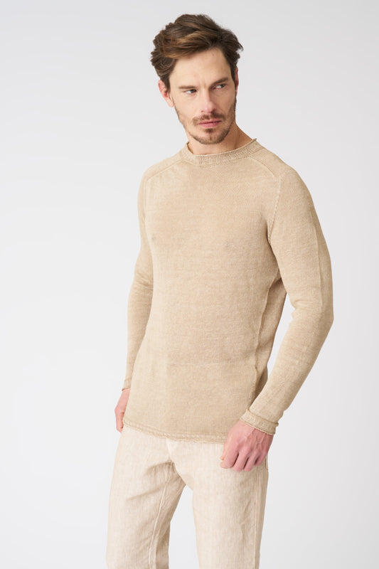 Men's Linen Crewneck Sweater – Beige Soft Fade, view 1