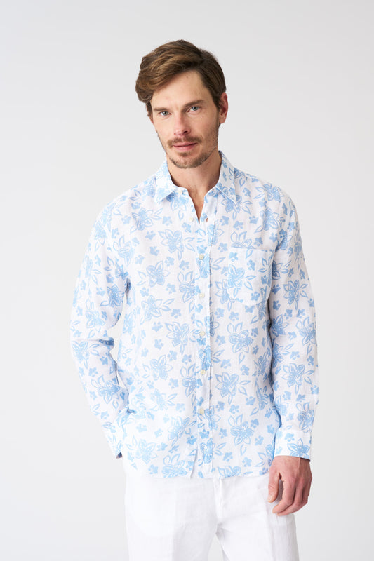Men's Painted Flower Regular Fit Linen Shirt – Azzurro/White, view 1