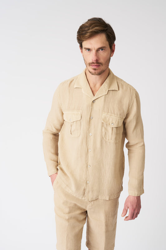 Men's Notched Collar Regular Fit Linen Shirt – Almond, view 1