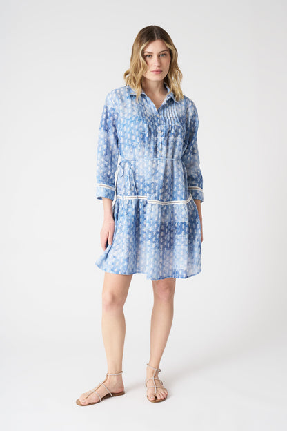 Women's Linen Patchwork-Effect Dress – Washed-Blue Print, view 1