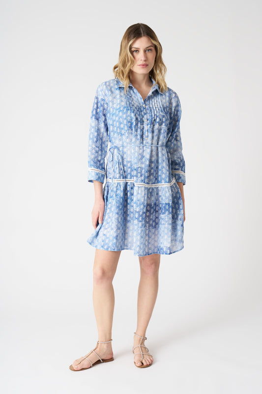Women's Linen Patchwork-Effect Dress – Washed-Blue Print, view 1