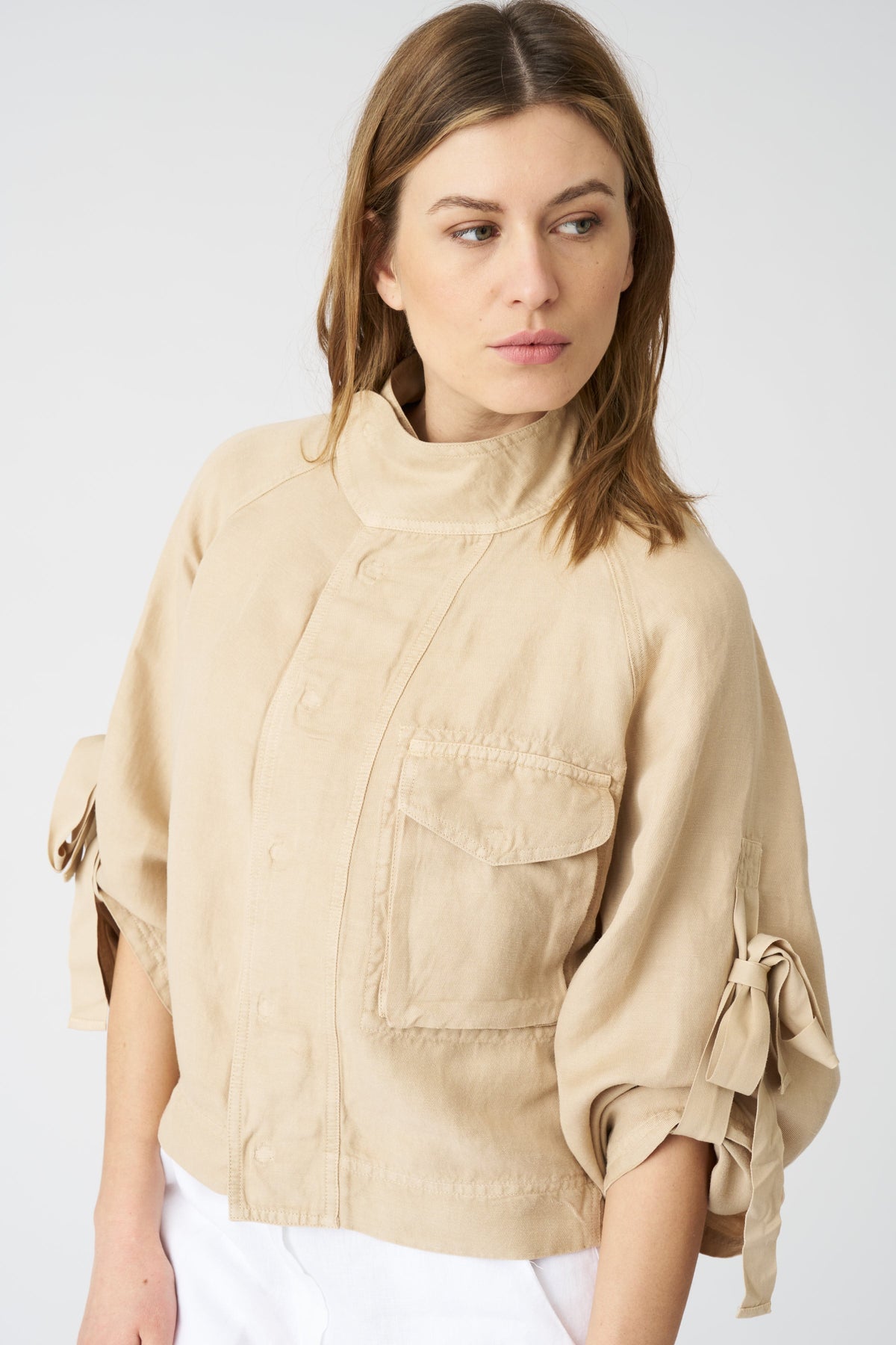 Women's Linen Jacket with Tie-Front Sleeves – Almond, view 2