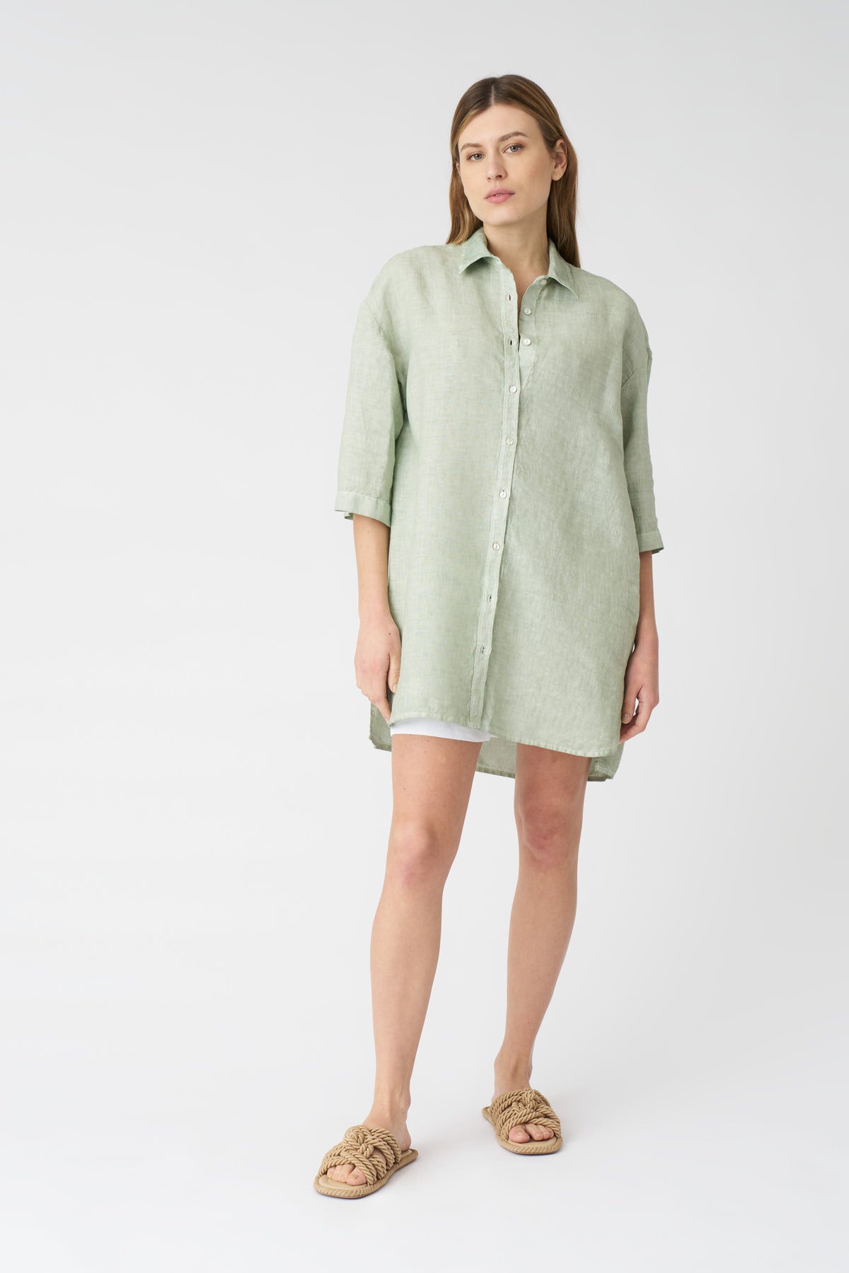 Women's Linen Shirt Dress – Pistache Soft Fade, view 1