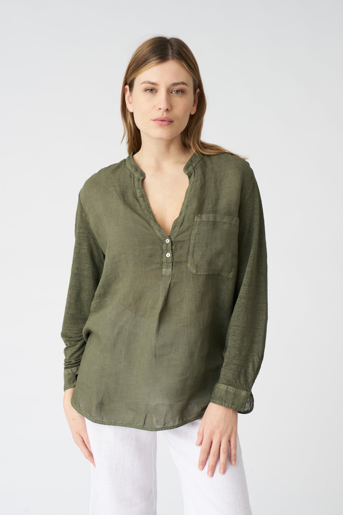Women's Linen Blouse with Side Slits – Caffe Soft Fade, view 1