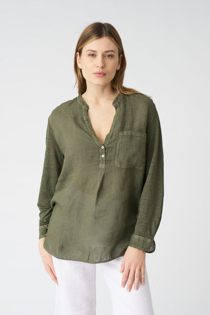 Women's Linen Blouse with Side Slits – Caffe Soft Fade, view 1