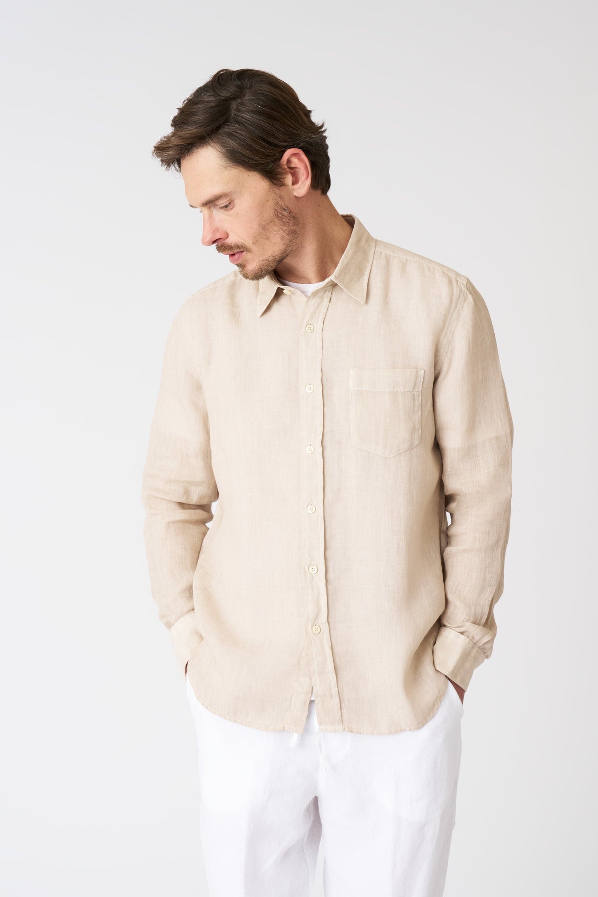 Men's Italian Collar Regular Fit Linen Shirt with Pocket – Beige Soft Fade, view 1