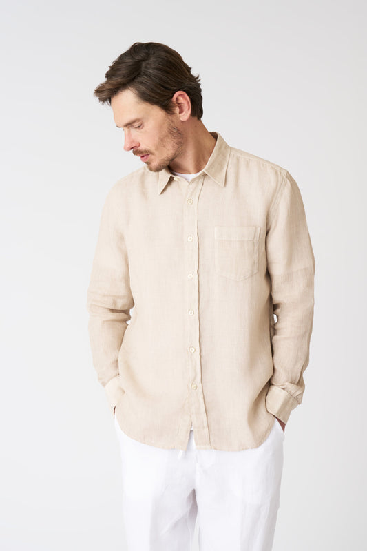 Men's Italian Collar Regular Fit Linen Shirt with Pocket – Beige Soft Fade, view 1