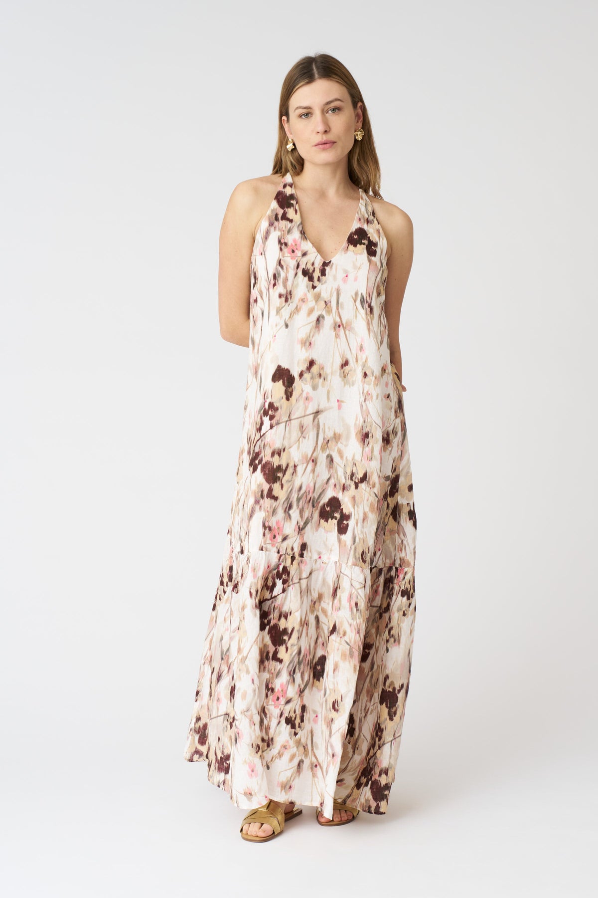 Women's Linen Japanese Flower Halter Maxi Dress – Washed-Pink Print, view 1