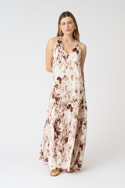Women's Linen Japanese Flower Halter Maxi Dress – Washed-Pink Print, view 1