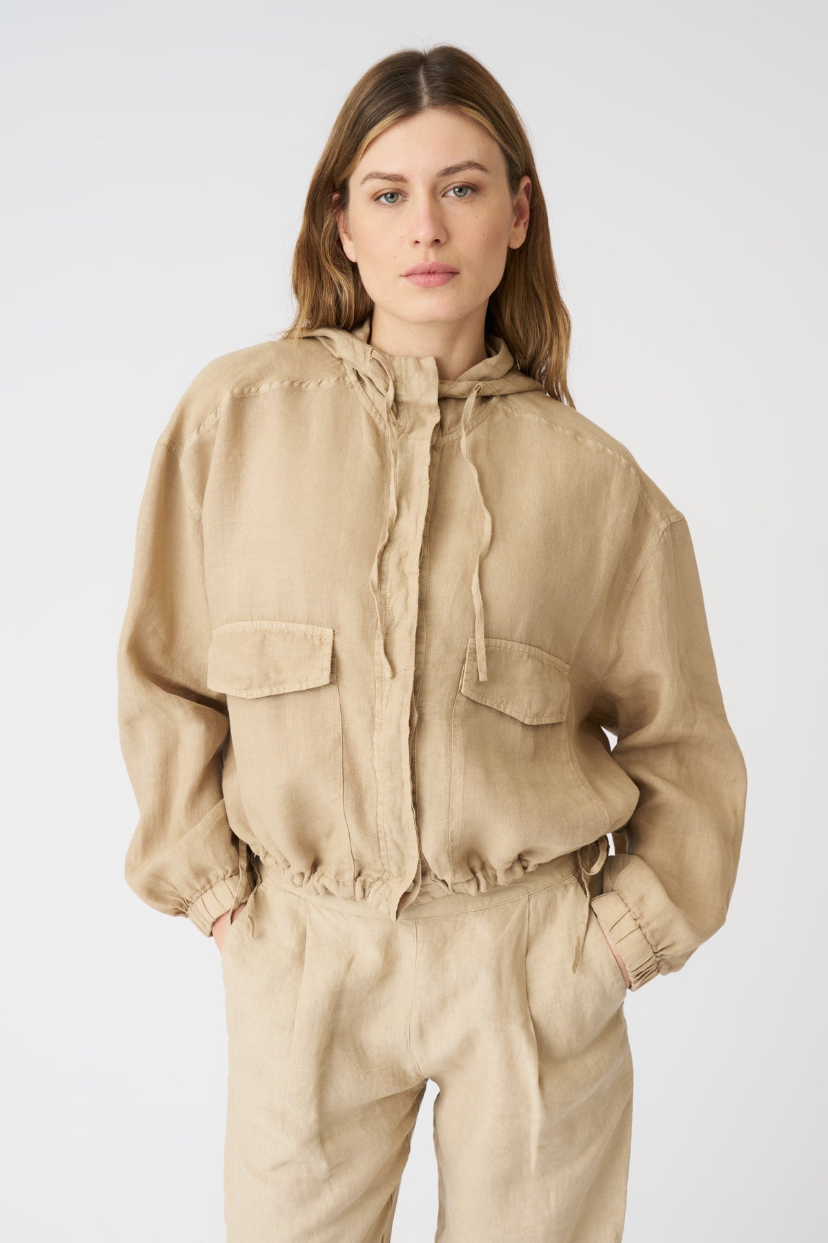 Women's Linen Jacket with Hood and Drawstring Waist – Almond, view 1