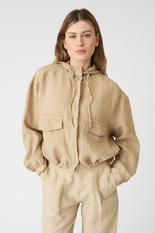 Women's Linen Jacket with Hood and Drawstring Waist – Almond, view 1