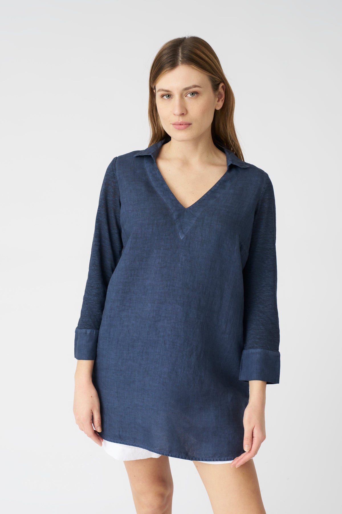 Women's Long Linen V-Neck Blouse – Navy Fade, view 1