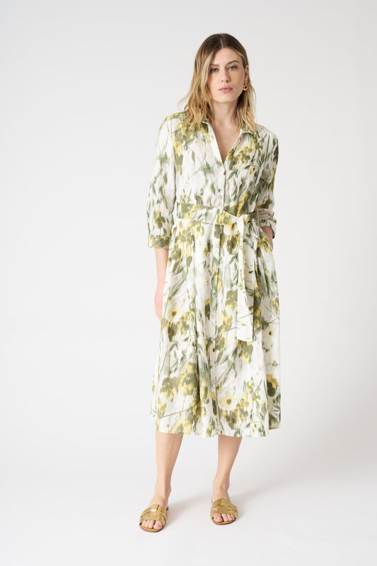 Women's Japanese Flower Linen Shirt Dress – Washed-Green Print, view 1