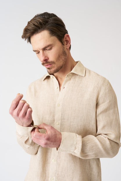 Men's Slim Fit Linen Shirt – Beige Soft Fade, view 2