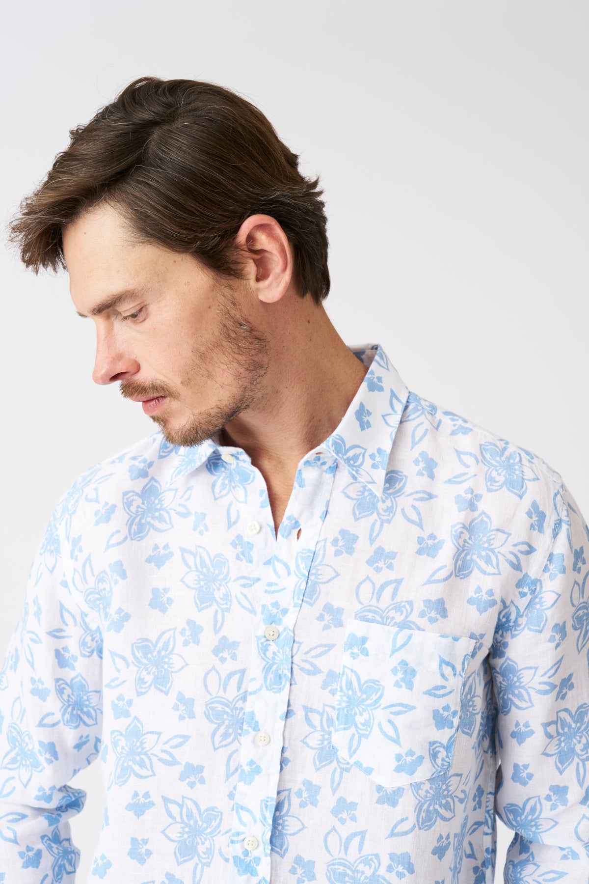 Men's Painted Flower Regular Fit Linen Shirt – Azzurro/White, view 2